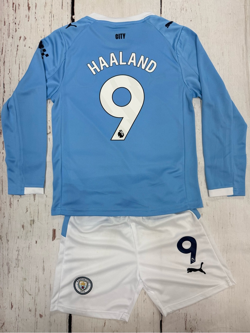 YOUTH Haaland 25-26’ Long Sleeve Blue Kit Soccer Jersey Set (Jersey + Shorts)